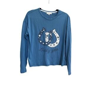 Pj Salvage Womens XS Blue Pajama Top Lucky You Horseshoes Equestrian #6682